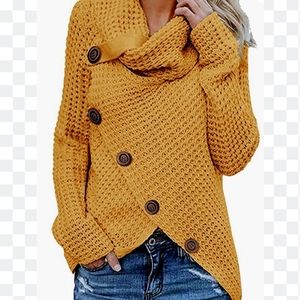 🔥 Women's Turtle Cowl Neck Sweater Long Sleeve Casual Button Asymmetric